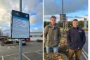 Cllrs Darryl Smalley (right) and Derek Wann (far right) at Clifton Moor Retail Park with a parking restriction sign (left)