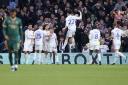 Dan James celebrates after scoring Leeds United's first goal against Plymouth Argyle.