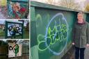 Main image: Cllr Ashley Mason with graffiti at the St Helens Road railway bridge. Left, top to bottom: graffiti at Hob Moor underpass; a community noticeboard; and Thanet Road bus shelter