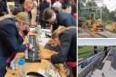 Main image: Students at The Mount School working on their bridge design at the Network Rail 'mythbusting' day. Right: the real thing - track being laid (top) and designs for the new Haxby station (bottom)