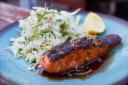 Maple-glazed salmon with apple, fennel, cucumber and mint salad