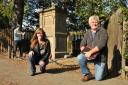 Dr Jon Kenny with fellow archaelogist Jane Stockdale and cameraman John Phillips at the Salisbury Terrace war memorial.
