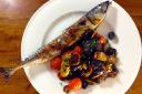 Grilled mackerel with roasted beetroot, Jerusalem artichokes, olives and lemon