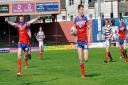 Ben Dent scores for York City Knights against Rochdale, much to the delight of Danny Nicklas, left. Picture: Charles Peart