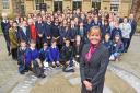 Chief Exec City York Council Mary Weastall with York schoolchildren at 'Secondary Voices'. Pic Nigel Holland