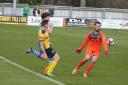 Joe Lumsden scores for Tadcaster Albion against Pontefract. Pictures: Keith A Handley