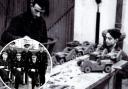 Mechanics from the French wartime squadron working on toys for York children during Christmas 1944, and inset, Commandant Francois Churet, middle front row, and his team