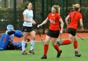 Laura Horne, who scored a hat-trick in City of York Ladies I's 3-2 win over Leeds II, turns away in celebration after scoring. Picture: Nigel Holland