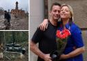 York man who longs to return to his lost life in Ukraine. Main image:  John Darvill and his wife Yuliia. Inset, right: images of bomb-damaged Kharkiv