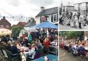 Main image: a 2022 street party in Naburn for the Platinum Jubilee of Queen Elizabeth II. Right top:  street party at Albion Avenue in York for the Coronation of Queen Elizabeth II in 1953; bottom, a Platinum Jubilee tea party at Naburn School