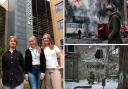 Main image, left to right: Nadiia Herashchenko, Kateryna Borysenko and Anastasiia Klieshch at the environment building at the University of York. Right, top and bottom: scenes from the devastated city of Bakhmut in Ukraine