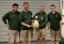 Zoo staff with the pelican that was found in Knaresborough