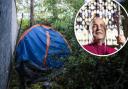 A homeless person's tent and, inset, Archbishop of York Stephen Cottrell