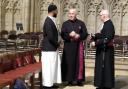 (left) Imam Ammar Sacha and (centre) the Archbishop of York, the Rt Rev Stephen Cottrell speak before the Vigil for Peace in York Minster