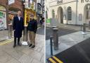 Left: Cllr Pete Kilbane and Cllr Katie Lomas. Right: Bollards in Lendal