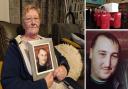 Main image: Elaine Eveleigh with a photo of her son Andy. Top right: Andy's funeral. Bottom right: family photo of Andy