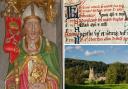 Left: detail of statue of Thurstan at Ripon Cathedral. Top right:  detail from the service book at Pontefract Priory which records the 'death of Saint Thurstan'. Bottom right: Byland Abbey, which Thurstan helped found