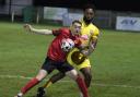 Raeece Ellington battles for possession in Tadcaster Albion's narrow 1-0 defeat to Silsden in midweek.
