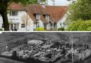 New Earswick Folk Hall and an aerial image of the old Rowntree factory