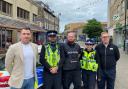 Picture caption: Harrogate BID Manager Matthew Chapman (left) Town Centre Support Officer Kiam Taylor (centre) and Mark Robson, store manager at Marks and Spencer (right) with representatives from North Yorkshire Police in Harrogate town centre.