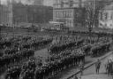 Soldiers of the 5th Battalion the York and Lancaster Regiment march past  Clifford’s Tower Old Prison. Picture: Yorkshire Film Archive