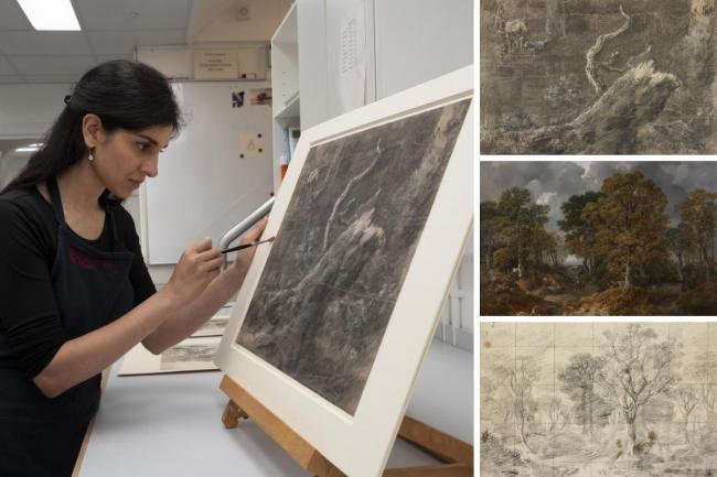 Main image: Windsor Castle paper conservator Puneeta Sharma preparing one of the rediscovered Gainsborough drawings, '||Broken tree stump with shepherd', before it went on show. Right, top: Broken tree stump with shepherd, drawing; middle,