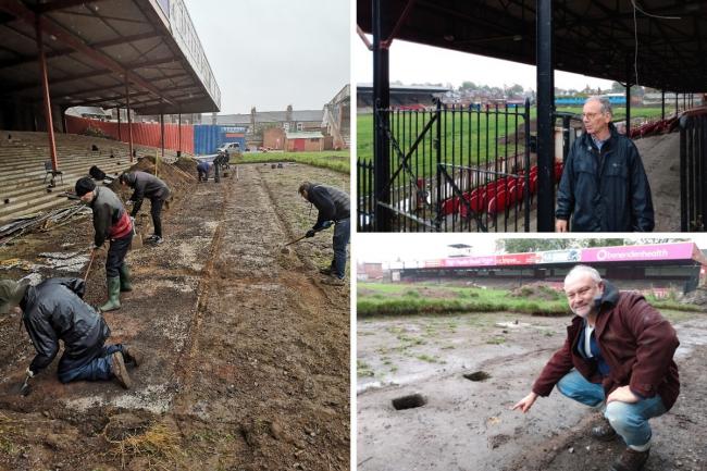 Left: volunteers (many of them City fans themselves, or else the relatives of fans who were interred at Bootham Crescent) digging behind the goalmouth at the David Longhurst end this week. Top right: York City stadium development director Ian McAndrew.