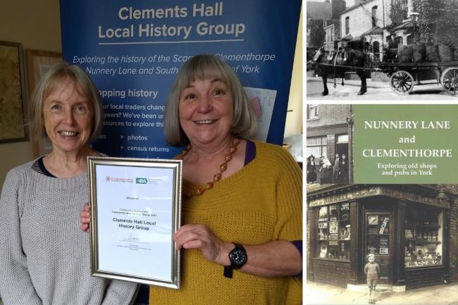 Main image: Susan Major (left) and Anne Houson of Clements Hall History Group York, with their award. Right: the cover of the history group's latest book, 'Nunnery Lane and Clementhorpe' - and an image from the book