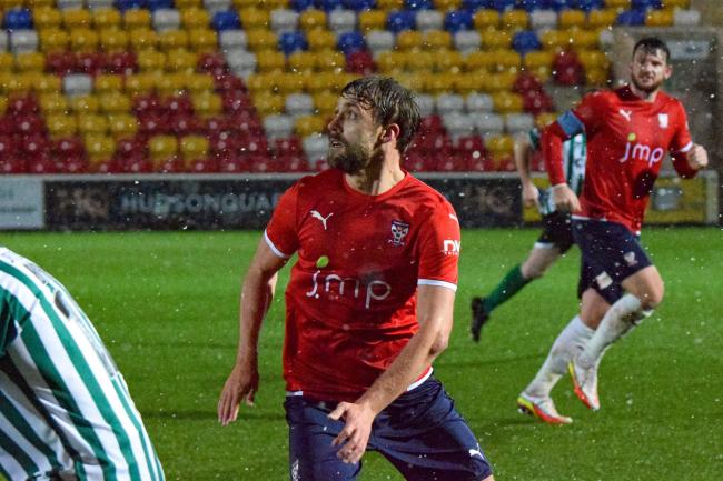 Scott Barrow watches the ball during York City’s 1-0 FA Trophy win over Blyth Spartans last Saturday. Picture: Tom Poole