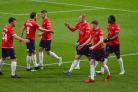 A group of York City players celebrate Mark Beck’s goal against Blyth Spartans. Picture: Tom Poole