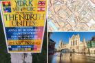 A poster for the march, left, and a map of its route, top right