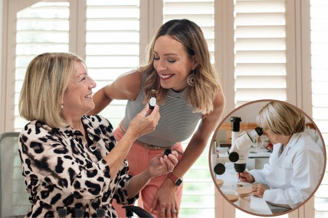 Karen Horsley and her daughter Sarah Thomas who co-founded skincare brand Clockface Beauty. Inset, Karen Horsely, a former biomedical scientist, working on product development.