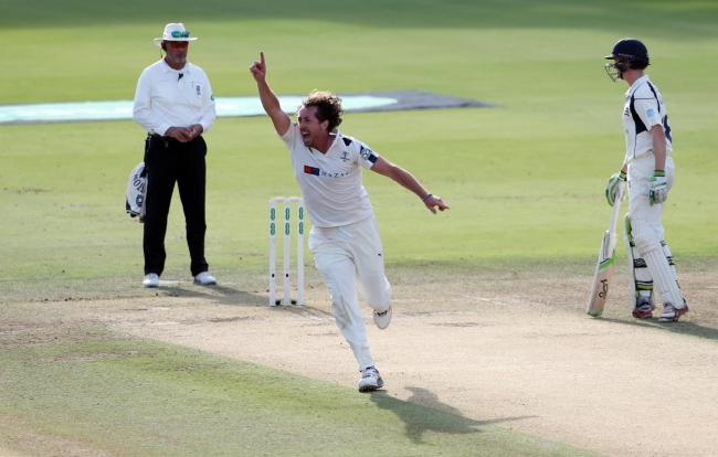 Former Yorkshire CCC bowler Ryan Sidebottom celebrates taking a wicket against Middlesex. Picture: David Davies/PA Wire