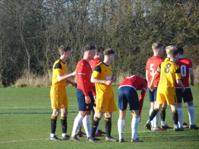 York City and Boston United players await a cross during the sides' 3-3 draw. Picture: Brad Saxton