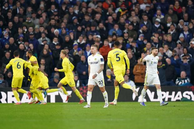 Leeds United's Kalvin Phillips (centre) reacts after Brentford score at Elland Road. Picture: Tim Goode/PA Wire