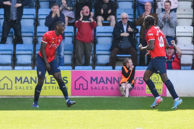 Akil Wright celebrates his goal against AFC Telford United. Picture: Tom Poole
