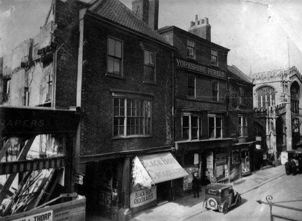 York Press: The fire-wrecked Leak & Thorp in Coney Street - with the Yorkshire Herald, former Press offices, on the right