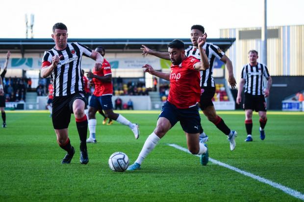 York City winger Maziar Kouhyar is surrounded by Chorley defenders. Picture: Adam Davy