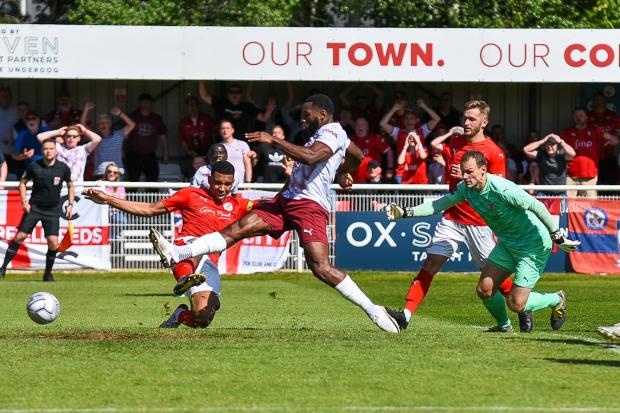 York City striker Lenell John-Lewis puts in the opener. Picture: Tom Poole