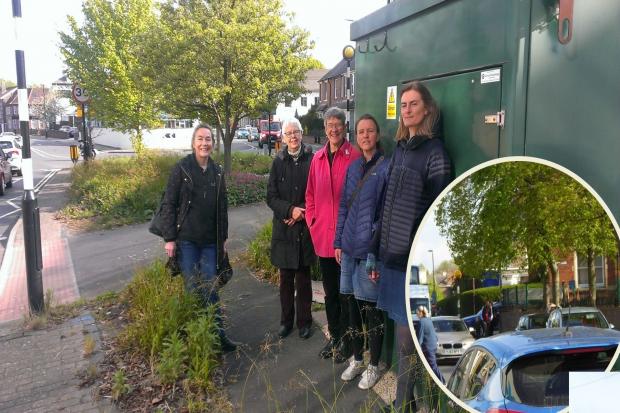 Fishergate residents pictured with the air pollution monitoring station in Fishergate, with (inset) heavy traffic outside St Georges RC Primary School in Fishergate