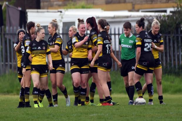 York City Knights Ladies celebrate a try against Huddersfield Giants. Picture: John Rushworth/SWpix.com