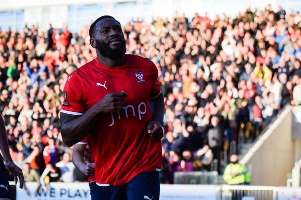 York City striker Lenell John-Lewis celebrates his opener against Chorley in the Vanarama National League North play-offs last season. Picture: Adam Davy