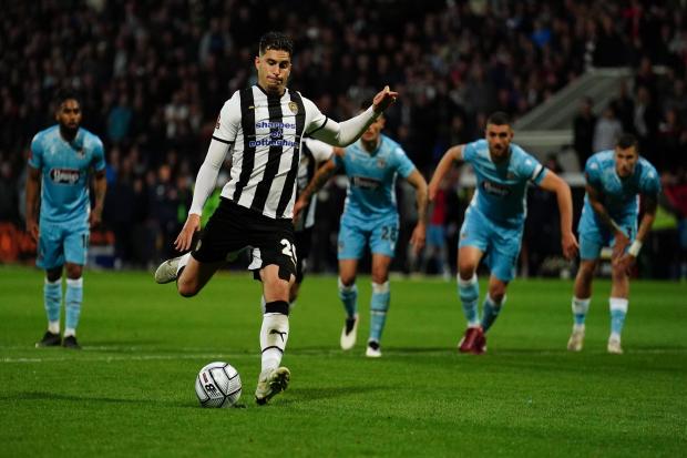 Notts County's Ruben Rodrigues scores their first goal during the Vanarama National League play-off, quarter final match at Meadow Lane, Nottingham. Picture: Mike Egerton/PA Wire