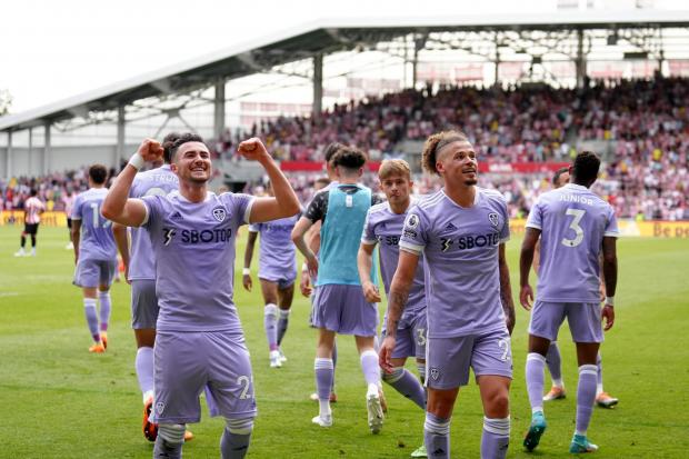 Leeds United's Jack Harrison (left) celebrates with Kalvin Phillips after scoring their side's second goal of the game during the Premier League match at The Brentford Community Stadium, London. Picture: John Walton/PA Wire