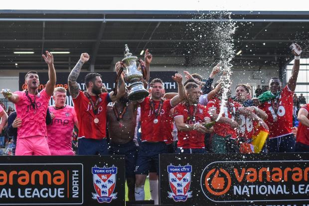 York City celebrate winning the Vanarama National League North play-off final. Picture: Tom Poole