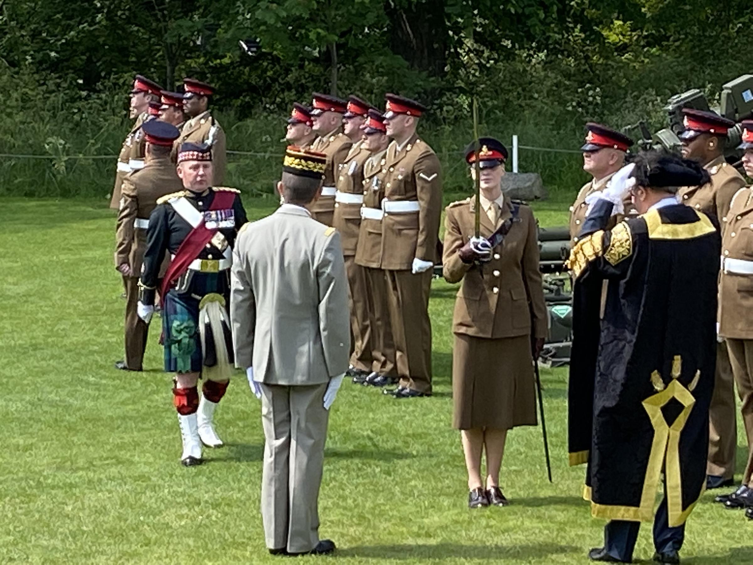 The Lord Mayor of York, Cllr David Carr inspects the troops at the Platinum Jubilee Gun Salute with the Garrison Sergeant of York, WO1 Brian Kiernan in the background in York Museum Gardens. Pic by Megi Rychlikova