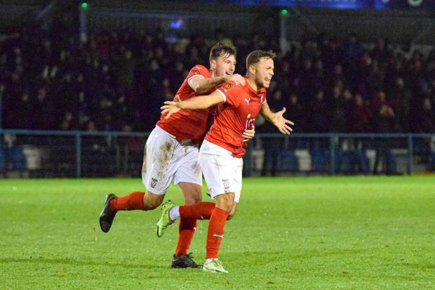 Former York City forward Kurt Willoughby celebrates scoring against Guiseley in December. Picture: Tom Poole