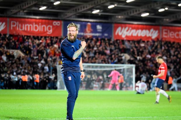 York City first-team coach Kingsley James celebrates at the final whistle after the 2-1 victory over Chorley in the Vanarama National League North play-offs. Picture: Adam Davy