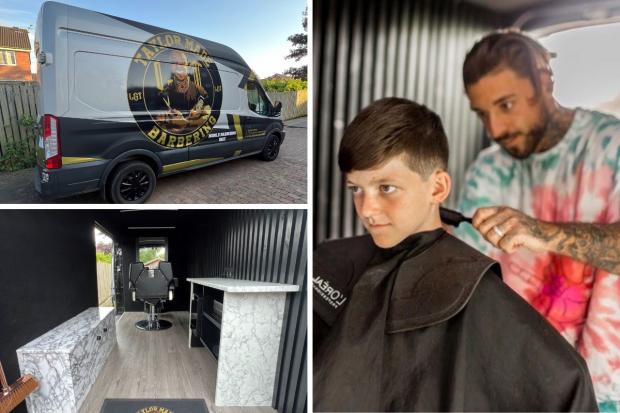 Lewis Taylor - mobile barber at work in his van in York. Photo by Sophie Eleanor Photography