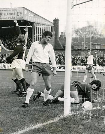27/10/73: York City 2, Tranmere Rovers 0 - Barry Swallow celebrates his goal against Tranmere with Tranmere and former Liverpool centre half Ron Years looking dejected. Dick Johnson also shows his dismay.